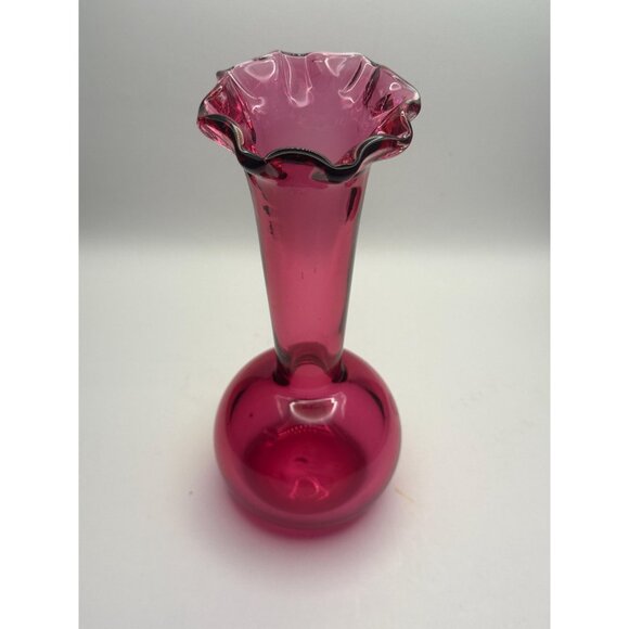 Vintage Pilgrim (?) Handblown Cranberry Glass Bud Vase – 7” Tall with Ruffled Ri - Picture 2 of 9